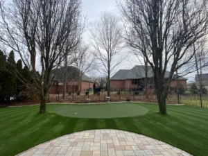 Synthetic turf back yard with putting green